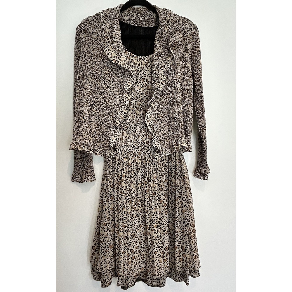 Vtg Animal Print 2 Piece Tank Dress Open Front Shirt Jacket 90s Y2K Med Lrg